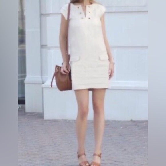 J. Crew Beige Shimmer Metallic 100% Linen Shift Dress Gold Grommets Size 8 Med M - Picture 8 of 9